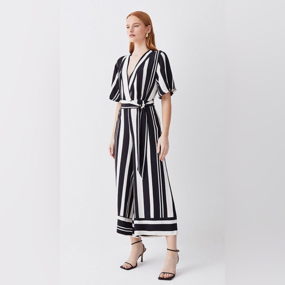 Karen Millen Mixed stripe black white wide leg jumpsuit